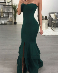  Sexy Dew Shoulder Falbala Design Green Polyester Ankle Length Dress