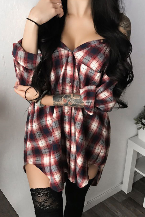  Sexy Dew Shoulder Plaids Printed Red Polyester Mini Slip Dress