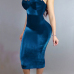  Sexy Hollow-out Blue Velvet Sheath Mid Calf Dress