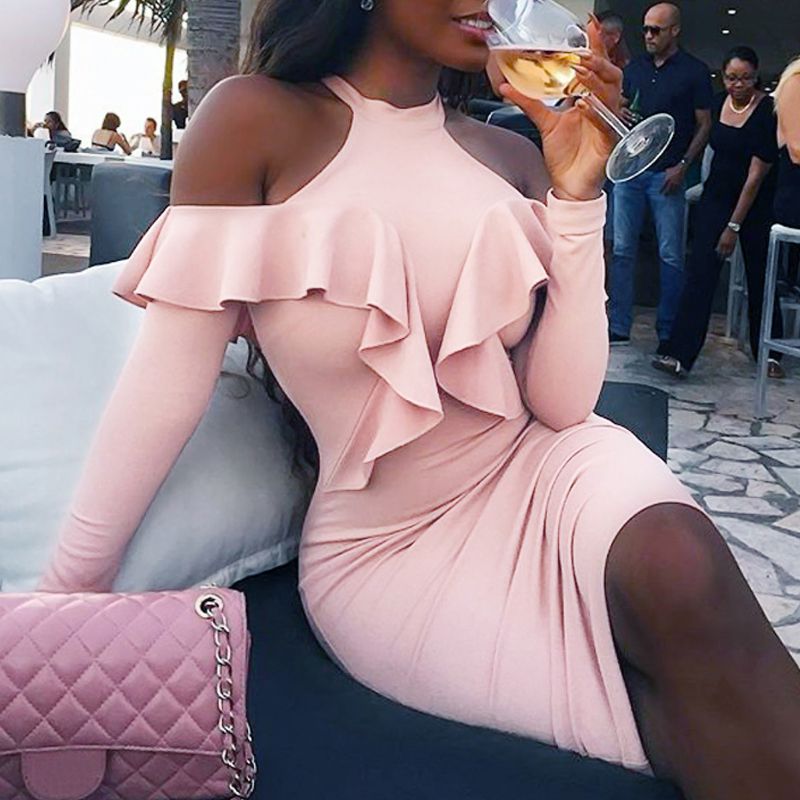  Sexy Hollow-out Falbala Design Pink Polyester Sheath Knee Length Dress