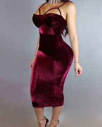  Sexy Hollow-out Wine Red Velvet Sheath Mid Calf Dress