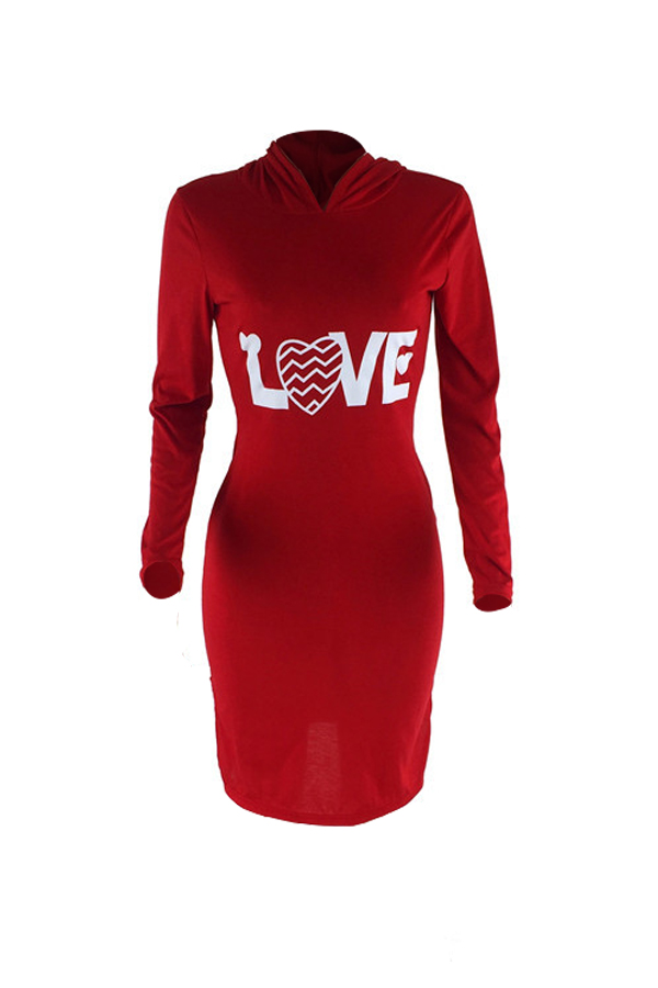  Sexy Hooded Collar Letters Printed Red Cotton Blend Knee Length Dress
