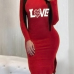  Sexy Hooded Collar Letters Printed Red Cotton Blend Knee Length Dress