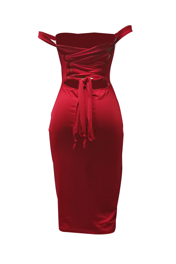  Sexy Lace-up Hollow-out Red Milk Fiber Sheath Knee Length Dress