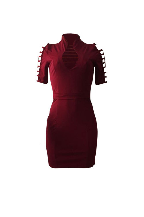  Sexy Mandarin Collar Hollow-out Wine Red Polyester Mini Dress