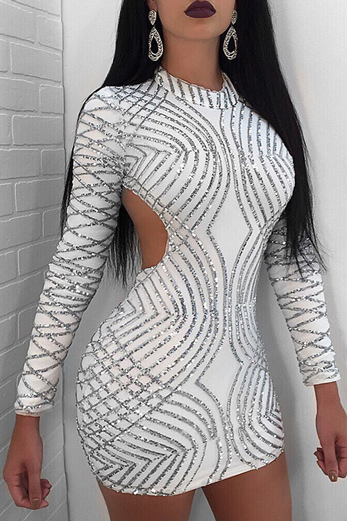  Sexy Round Neck Back Hollow-out Sequins Decoration White Polyester Sheath Mini Dress