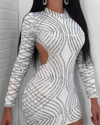  Sexy Round Neck Back Hollow-out Sequins Decoration White Polyester Sheath Mini Dress