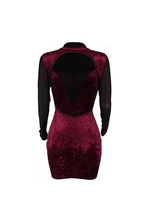  Sexy Round Neck Backless See-Through Wine Red Polyester Sheath Mini Dress