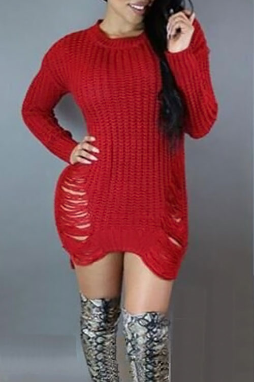  Sexy Round Neck Broken Holes Torn Edges Red Polyester Mini Dress