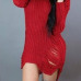  Sexy Round Neck Broken Holes Torn Edges Red Polyester Mini Dress