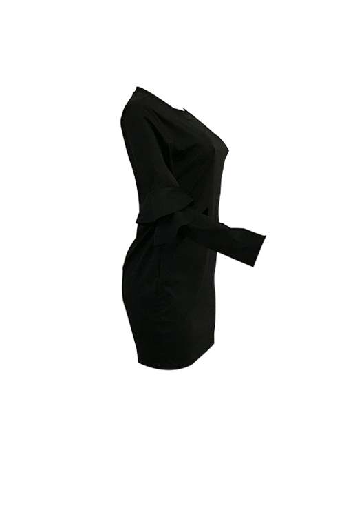  Sexy Round Neck Falbala Design Black Polyester Mini Bodycon Dress
