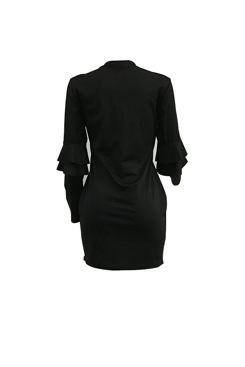  Sexy Round Neck Falbala Design Black Polyester Mini Bodycon Dress