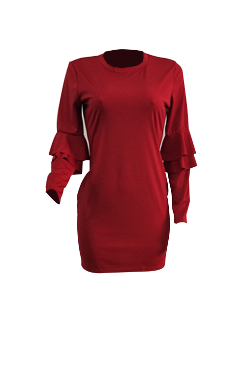 Sexy Round Neck Falbala Design Wine Red Polyester Mini Bodycon Dress