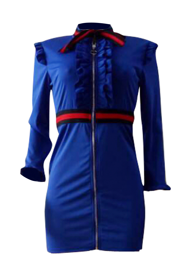  Sexy Round Neck Fold Design Blue Polyester Zipped Dress