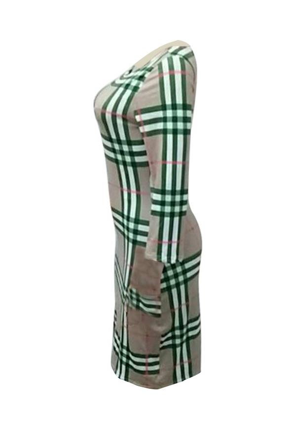  Sexy Round Neck Grid Printed Green Milk Fiber Sheath Knee Length Dress