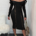  Sexy Round Neck Lace-up Black Polyester Sheath Mid Calf Dress