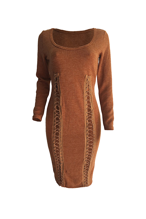 Sexy Round Neck Lace-up Brown Polyester Sheath Mid Calf Dress