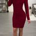  Sexy Round Neck Lace-up Hollow-out Wine Red Polyester Knee Length Dress