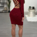  Sexy Round Neck Lace-up Hollow-out Wine Red Polyester Knee Length Dress