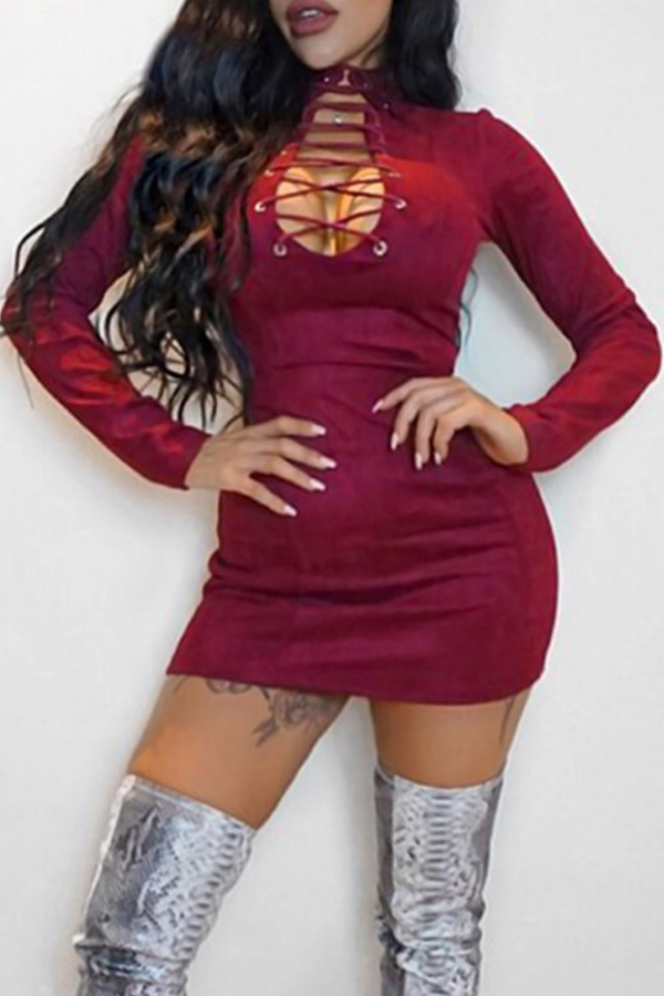  Sexy Round Neck Lace-up Hollow-out Wine Red Velvet Mini Dress