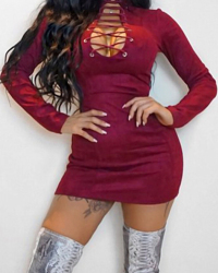  Sexy Round Neck Lace-up Hollow-out Wine Red Velvet Mini Dress
