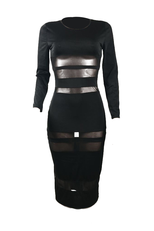  Sexy Round Neck Long Sleeves Gauze Patchwork Black Polyester Sheath Mid Calf Dress(Without Choker