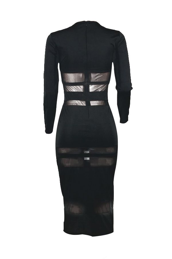  Sexy Round Neck Long Sleeves Gauze Patchwork Black Polyester Sheath Mid Calf Dress(Without Choker