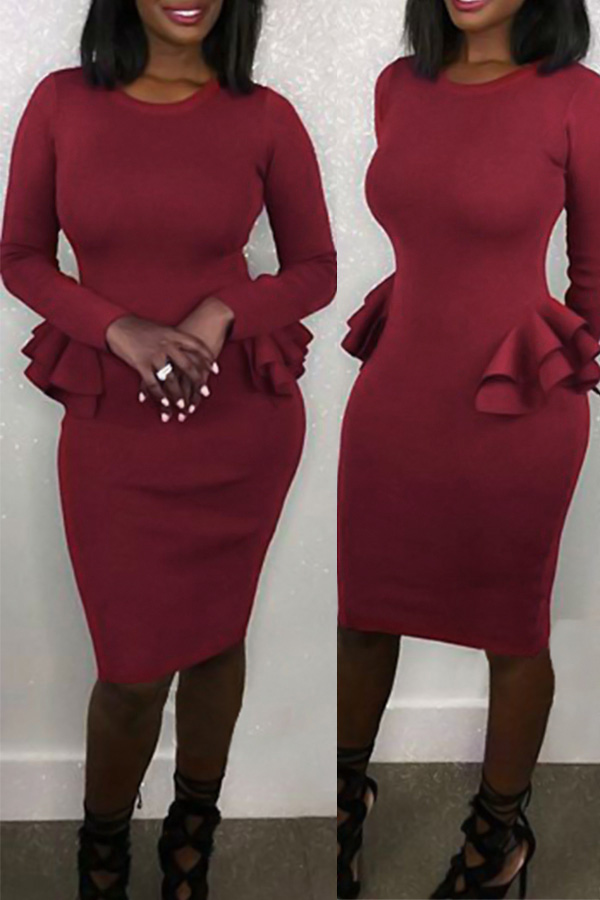  Sexy Round Neck Patchwork Wine Red Polyester Knee Length Dress