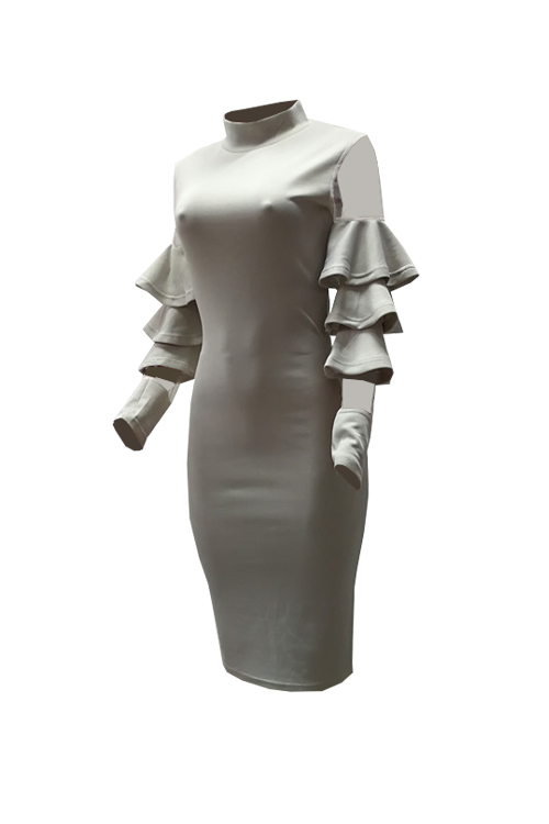  Sexy Round Neck Ruffle Sleeves Gauze Patchwork Grey Polyester Knee Length Dress