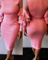  Sexy Round Neck Ruffle Sleeves Gauze Patchwork Pink Polyester Knee Length Dress