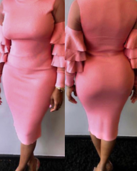  Sexy Round Neck Ruffle Sleeves Gauze Patchwork Pink Polyester Knee Length Dress
