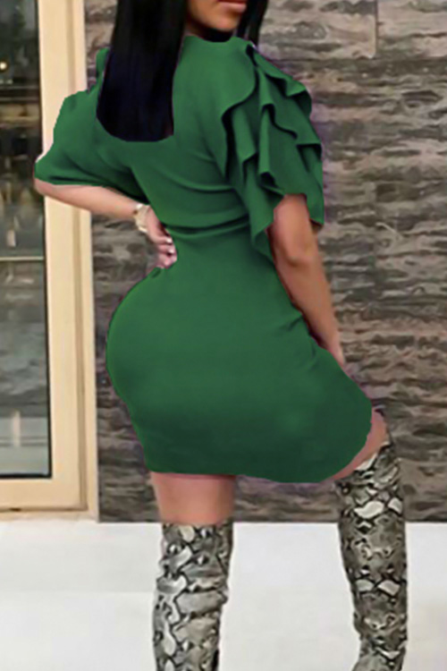  Sexy Round Neck Ruffle Sleeves Green Polyester Knee Length Dress