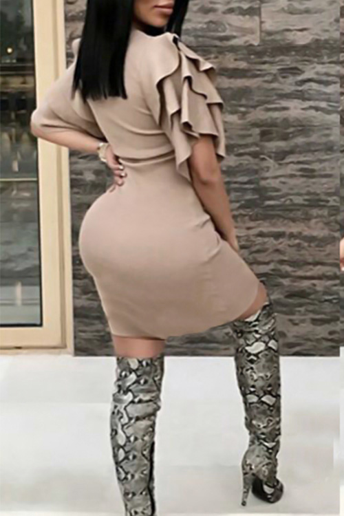  Sexy Round Neck Ruffle Sleeves Khaki Polyester Knee Length Dress