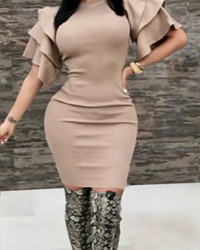  Sexy Round Neck Ruffle Sleeves Khaki Polyester Knee Length Dress