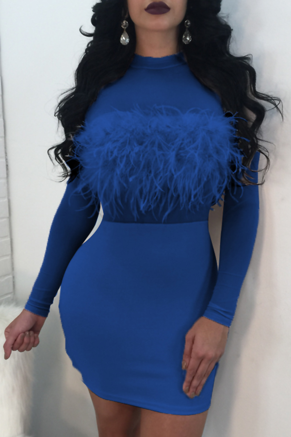  Sexy Round Neck See-Through Blue Polyester Sheath Knee Length Dress