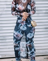  Sexy Round Neck See-Through Floral Printed Blue Polyester Mid Calf Dress(Non Positioning Printing)
