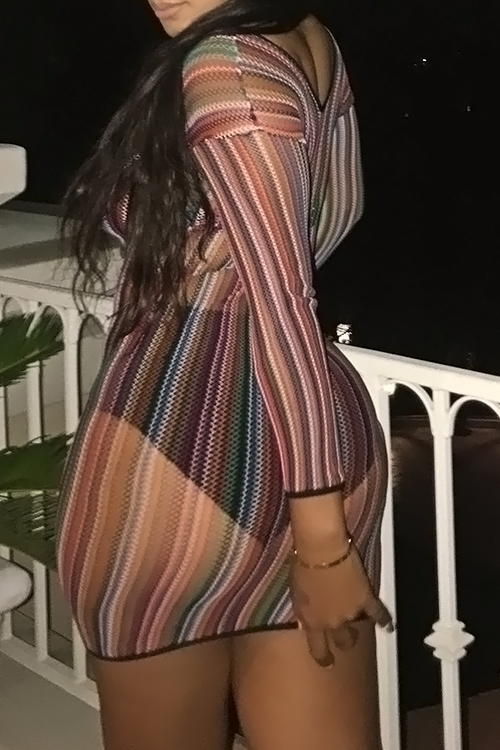  Sexy Round Neck See-Through Rainbow Striped Printed Gauze Sheath Mini Dress(Without Subcoating)