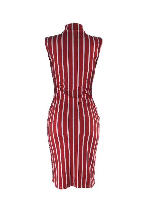  Sexy Round Neck Striped Wine Red Polyester Knee Length Dress