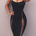  Sexy Sleeveless Lace-up Hollow-out Black Cotton Blend Mid Calf Dress