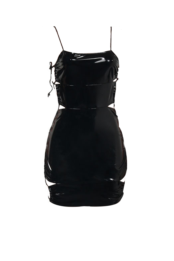  Sexy Sleeveless Lace-up Hollow-out Black PU Mini Dress