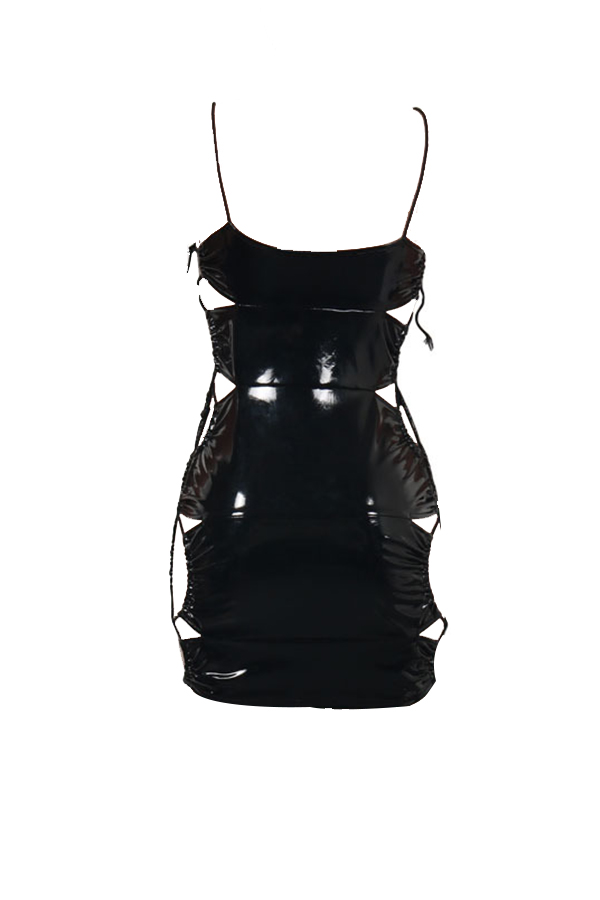  Sexy Sleeveless Lace-up Hollow-out Black PU Mini Dress