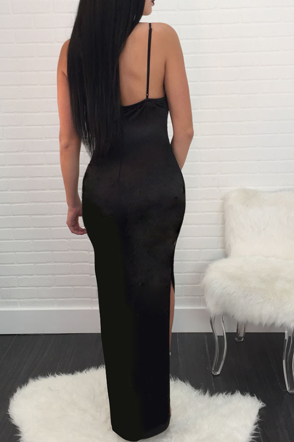  Sexy Spaghetti Strap Sleeveless Hot Drilling Decorative Black Polyester Ankle Length Dress