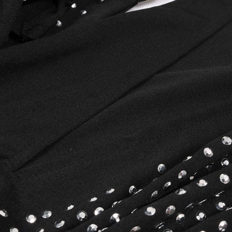  Sexy Spaghetti Strap Sleeveless Hot Drilling Decorative Black Polyester Ankle Length Dress