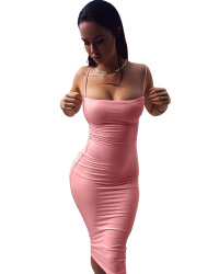  Sexy Spaghetti Strap Sleeveless Pink Milk Fiber Sheath Mid Calf Dress
