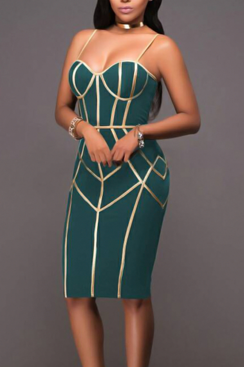  Sexy Spaghetti Strap Sleeveless Striped Printed Green Polyester Sheath Knee Length Dress