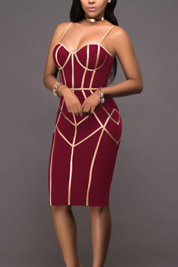  Sexy Spaghetti Strap Sleeveless Striped Printed Wine Red Polyester Sheath Knee Length Dress