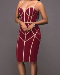  Sexy Spaghetti Strap Sleeveless Striped Printed Wine Red Polyester Sheath Knee Length Dress