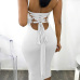  Sexy Square Neck Backless Lace-up White Polyester Mid Calf Dress