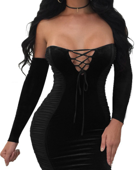  Sexy Strapless Lace-up Hollow-out Black Polyester Mini Dress