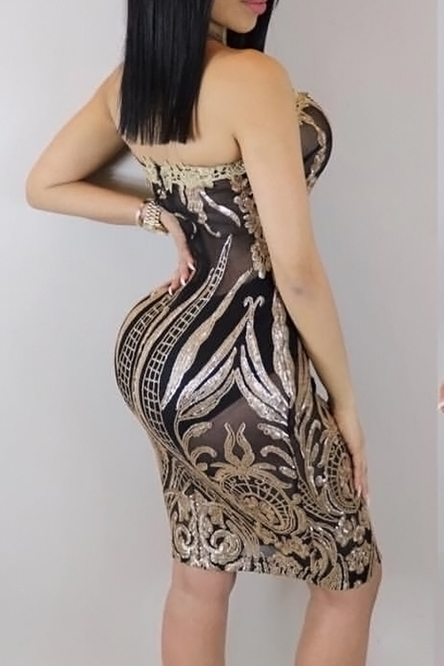  Sexy Strapless See-Through Sequins Decoration Black Polyester Knee Length Dress(Without Subcoating)
